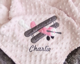 Personalized Baby Girl Minky Blanket, Appliqued Airplane, Stroller Blanket, Crib Blanket, Toddler Blanket, Baby Gift, Baby Shower Gift