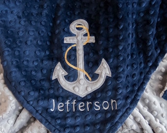 Anchor Applique Nautical Minky Baby Blanket, Personalized and Customizable