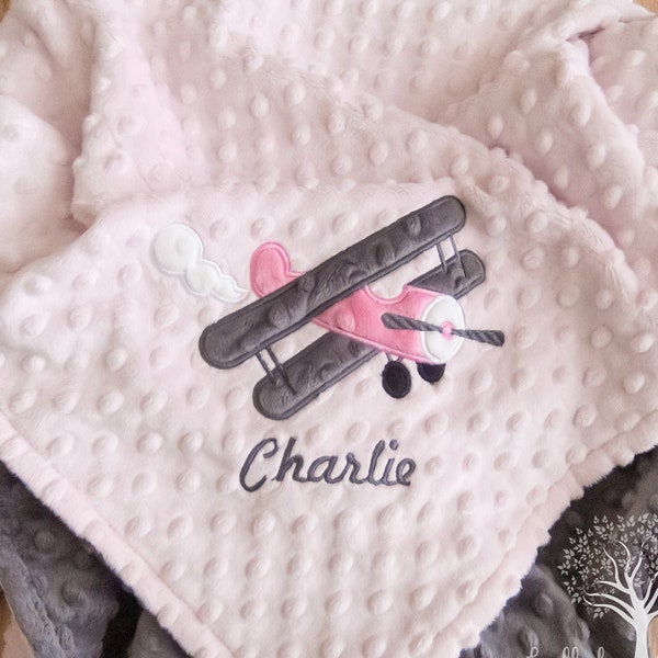 Personalized Baby Girl Minky Blanket, Appliqued Airplane, Stroller Blanket, Crib Blanket, Toddler Blanket, Baby Gift, Baby Shower Gift