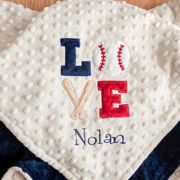 Personalized Baby Boy Minky Blanket, Appliqued Love Baseball, Stroller Blanket, Crib Blanket, Toddler Blanket, Baby Gift, Baby Shower Gift