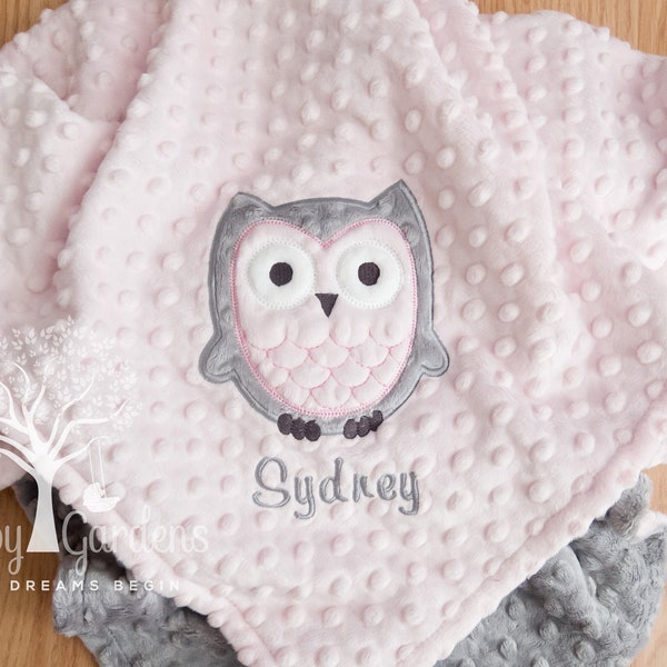 Minky Baby Girl Blanket, Owl, Woodland, Pink and Gray, Appliqued, Personalized, Custom, Made to Order, Baby Shower Gift, Baby Gift