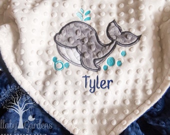 Personalized Appliqued Whale Minky Baby Blanket: Custom Colors, Ivory and Navy featured