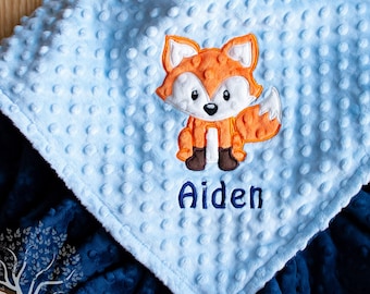 Woodland Fox Appliqued Baby Boy Minky Blanket, Baby Shower Gift