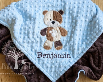 Teddy Bear Baby Boy Minky Blanket, Appliqued Teddy Bear Blanket, Personalized Baby Gift