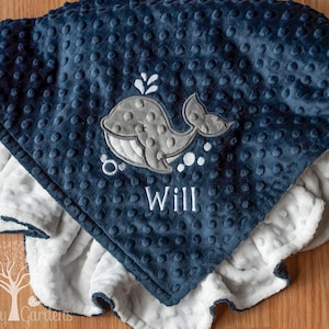 Baby Boy Blanket, Whale, Nautical, Minky, Personalized, Appliqued, Navy Blue, White, Ivory, Stroller Blanket, Baby Gift, Baby Shower Gift