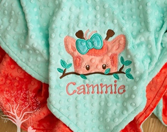 Giraffe Personalized Minky Baby Girl Blanket, Appliqued Giraffe Blanket, Stroller Blanket, Toddler Blanket, Crib Blanket, Newborn Blanket