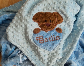 Baby Boy Baby Blanket, Minky, Blue, Appliqued Puppy, Personalized, Baby Gift, Baby Shower Gift