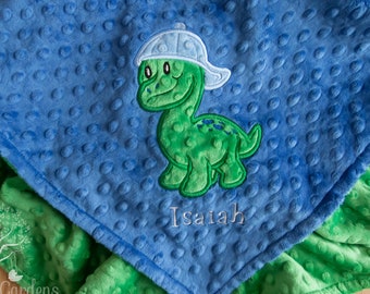 Dinosaur Appliqued Minky Baby Blanket, Personalized | Custom Colors; Electric Blue and Kelly Green featured.
