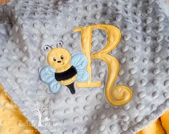 Personalized Baby Gifts, Minky Baby Blanket, Monogram Minky Blanket, Appliqued Monogram Bee Minky Blanket, Girl Baby Blanket