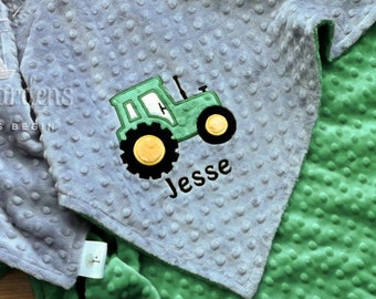 Personalized Minky Baby Boy Tractor Blanket, Personalized Baby Gift, Appliqued Tractor Minky Baby Blanket, Personalized Baby Shower Gift