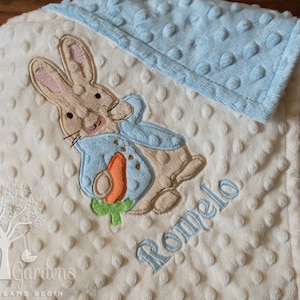 Peter Rabbit Inspired Personalized Minky Baby Blanket, Peter Rabbit Inspired Appliqued Blanket, Baby Boy Blanket, Blue Minky Blanket