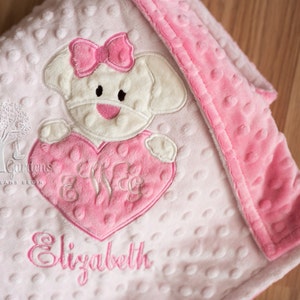 Personalized Baby Girl Minky Blanket in 3 sizes, Appliqued Girl Puppy Minky Blanket, Monogrammed Minky Baby Blanket, Personalized Baby Gift
