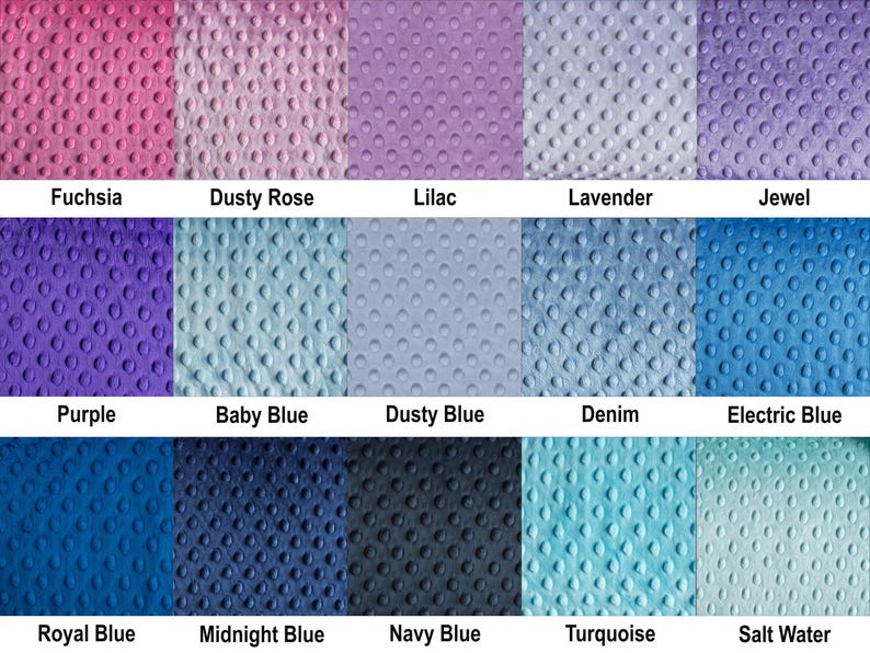 Puede incluir: Una carta de colores que muestra varios tonos de tela. Los colores incluyen fucsia, rosa empolvado, lila, lavanda, joya, morado, azul beb&eacute;, azul polvoriento, mezclilla, azul el&eacute;ctrico, azul real, azul medianoche, azul marino, turquesa y agua salada.