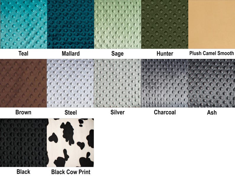 May include: A collection of fabric swatches in various colors and patterns. Colors include teal, mallard, sage, hunter, camel, brown, steel, silver, charcoal, ash, and black. One swatch features a black and white cow print.