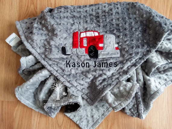 Personalized Minky Baby Blanket Appliqued Semi Truck Minky Baby