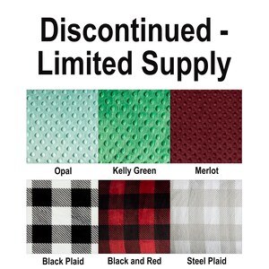 May include: Image showcasing fabric swatches in various colors and patterns. The top row features textured fabrics in Opal, Kelly Green, and Merlot. The bottom row displays Black Plaid, Black and Red, and Steel Plaid patterns. Text at the top reads "Discontinued - Limited Supply."