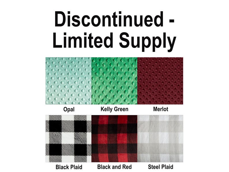 May include: Image showcasing fabric swatches in various colors and patterns. The top row features textured fabrics in Opal, Kelly Green, and Merlot. The bottom row displays Black Plaid, Black and Red, and Steel Plaid patterns. Text at the top reads "Discontinued - Limited Supply."