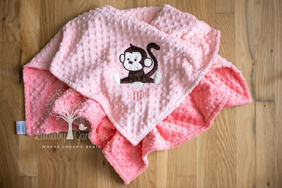 Monkey Baby Girl Minky Blanket Personalized Appliqued Stroller