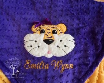 Tiger Personalized Minky Baby Blanket, Purple and Gold Baby Blanket, Personalized Baby Gift, Tiger Nursery, Tiger Appliqued Baby Blanket