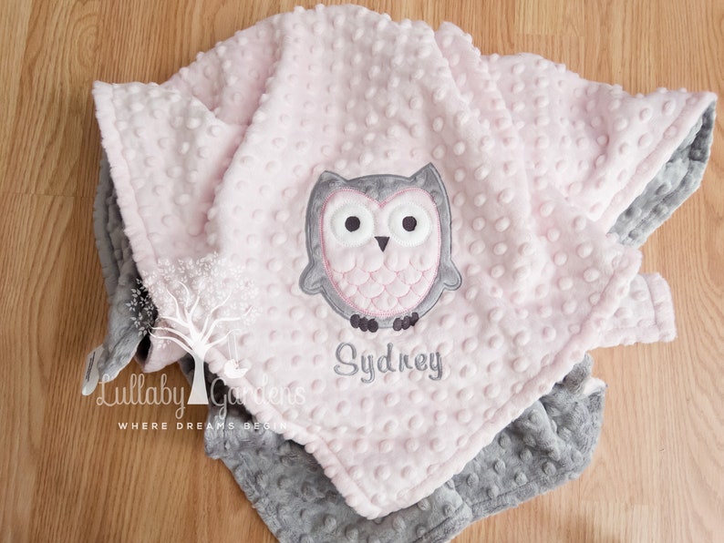 Minky Baby Girl Blanket, Owl, Woodland, Pink and Gray, Appliqued, Personalized, Custom, Made to outlet Order, Baby Shower Gift, Baby Gift