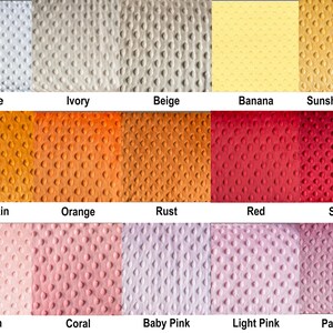 Puede incluir: Una carta de colores que muestra muestras de tela en varios tonos. Los colores incluyen blanco, marfil, beige, pl&aacute;tano, amarillo sol, calabaza, naranja, &oacute;xido, rojo, escarlata, rubor, coral, rosa beb&eacute;, rosa claro y rosa Par&iacute;s.
