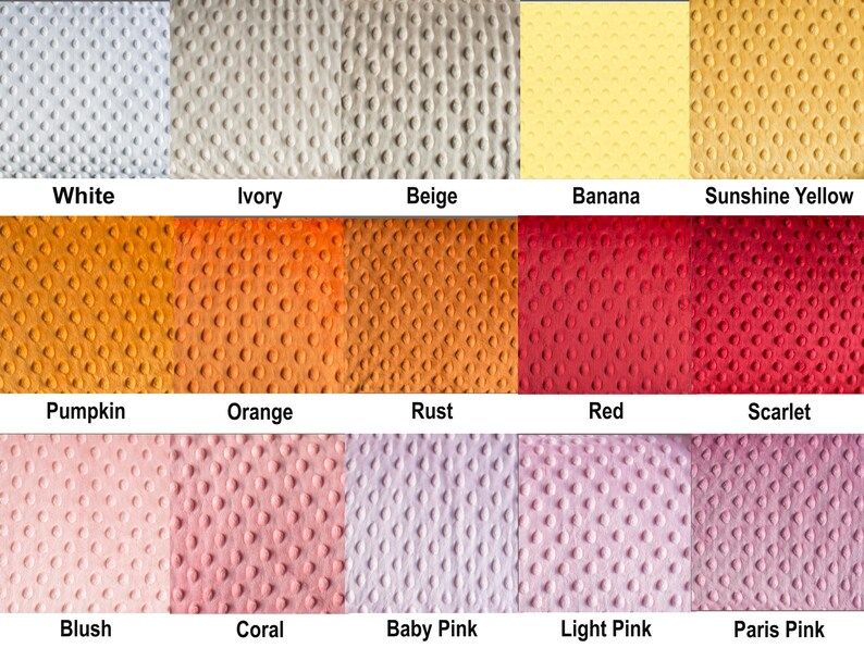 Puede incluir: Una carta de colores que muestra muestras de tela en varios tonos. Los colores incluyen blanco, marfil, beige, pl&aacute;tano, amarillo sol, calabaza, naranja, &oacute;xido, rojo, escarlata, rubor, coral, rosa beb&eacute;, rosa claro y rosa Par&iacute;s.