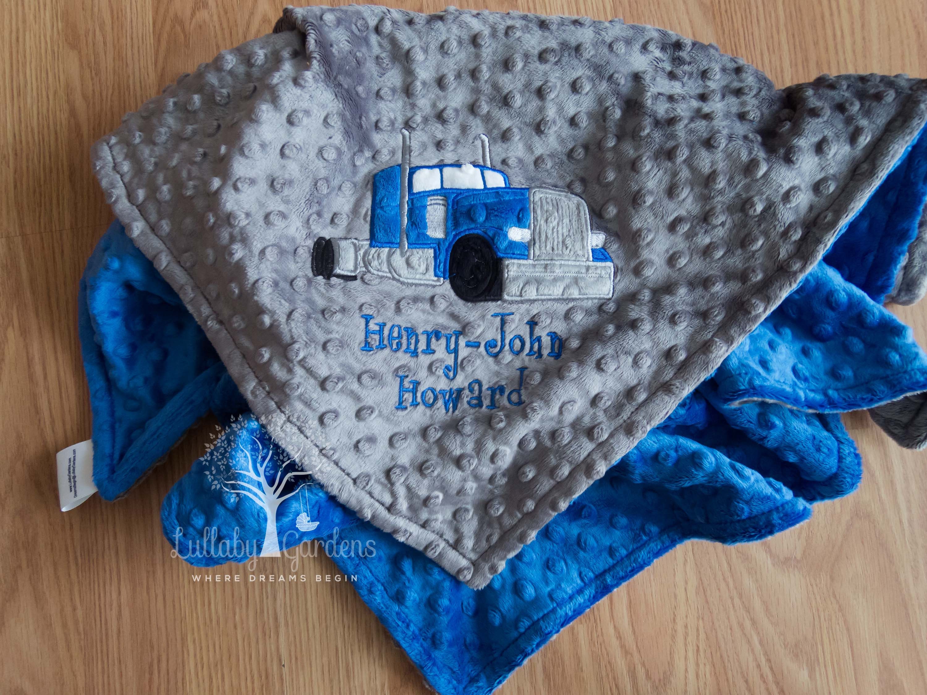 Personalized Minky Baby Blanket Appliqued Semi Truck Minky Baby