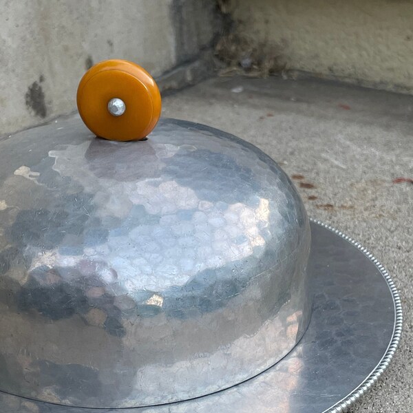 Art Deco Hammered Aluminum Serving Dish with Bakelite Knob