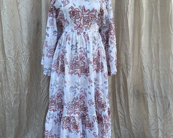 Vintage Style Boho Dress in White with Brown And Tan Embroidery