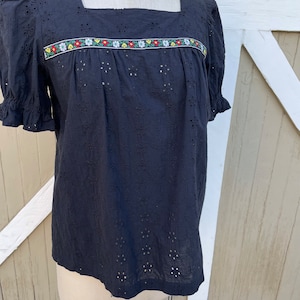 Square Neck Black Eyelet Blouse with Vintage Embroidery