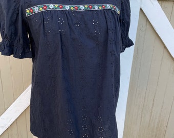 Square Neck Black Eyelet Blouse with Vintage Embroidery