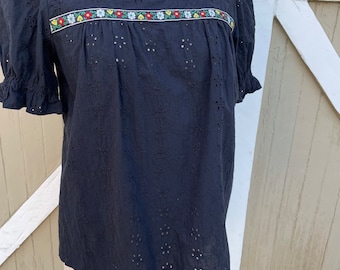 Square Neck Black Eyelet Blouse with Vintage Embroidery