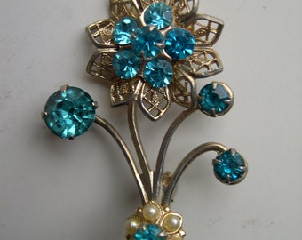 Flower Brooch with Blue Rhinestones