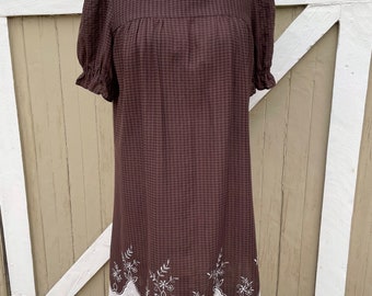 Square Neck Dress In Brown Check with Decorative Hem