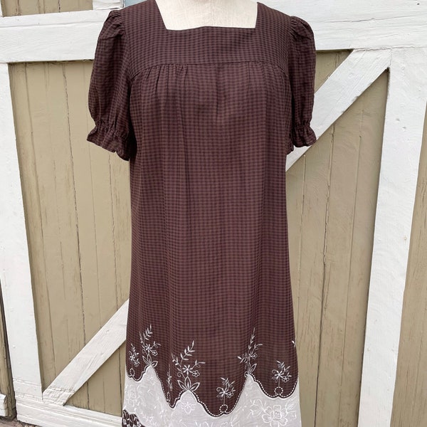 Square Neck Dress In Brown Check with Decorative Hem