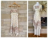 Vintage Disco Maxi Dress Cropped Jacket Flower Border Print 1970s Vintage Dress Women 39 s size XXS