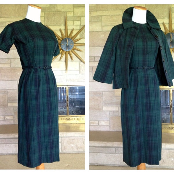 60s L'Aiglon Dress * Blue Green Plaid * Sheath w Jacket * size xs s