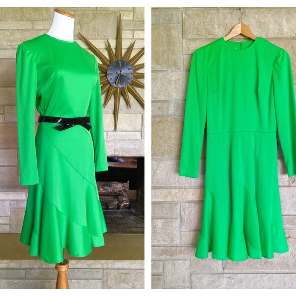 Vintage 1970s Neon Green Dress * Bias Flare Skirt * Long Sleeves * Women's Size Medium