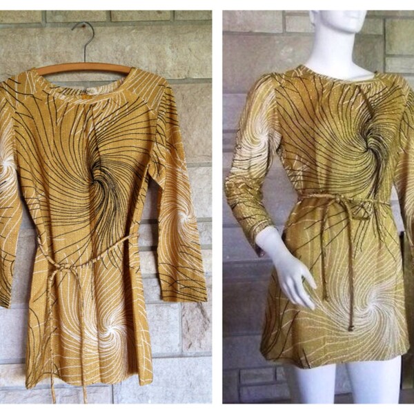 60s Mini Dress Gold Lamé Swirl Print S