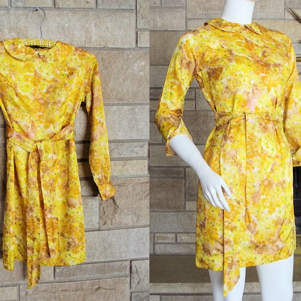 Size XXS Dress * 60s Mini Dress * Silky Yellow Flower Print