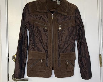Vintage Chicos Brown Leather Suede Trim Nylon Jacket Size 0 Zipper Pockets Boho