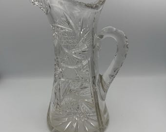 Antique American Brilliant Cut Glass Pitcher Thumbprint Handle Fan Star