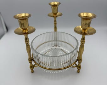 Vintage Teleflora Triple 3 Brass Candle Holder Candleabra With Glass Bowl