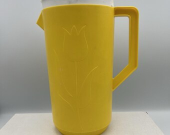 Vintage Yellow 1960s pitcher embossed Tulip with Lid- Excellent Condition MCM