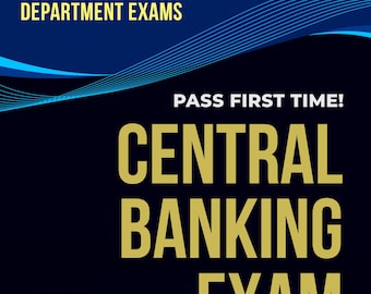 May include: Book cover for the Central Banking Exam. The title is in large gold letters. The image includes a model of a bank building, gold coins, and the text "Banking and Finance Department Exams". The author is Christopher Barnes, PhD.