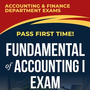 Può includere: Una copertina di libro con il titolo "FUNDAMENTAL of ACCOUNTING I EXAM" è esposta su una scrivania con tastiera, calcolatrice e tazza di caffè. Il testo "PASS FIRST TIME!" è sopra il titolo. Il libro è di Lauren Hayes, PhD.