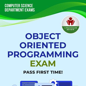 Może przedstawiać: Okładka książki na egzamin z programowania obiektowego. Okładka ma jasnoniebieskie tło z tytułem dużymi, ciemnoniebieskimi literami. Widoczny jest również tekst „PASS FIRST TIME!”. Zawiera ilustracje kodu komputerowego i osoby przy komputerze.