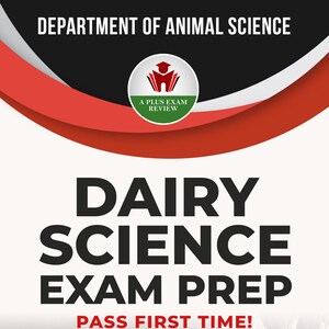 May include: Book cover for "Dairy Science Exam Prep" with a cow's udder in the foreground. The title is in large, bold letters. The text "Pass First Time!" is also visible. The top banner reads "Department of Animal Science".