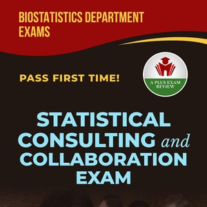 Puede incluir: Imagen de una portada de libro con el título "STATISTICAL CONSULTING and COLLABORATION EXAM". La portada muestra a cuatro personas revisando documentos. También se ve el texto "BIOSTATISTICS DEPARTMENT EXAMS" y "PASS FIRST TIME!". El autor es Brian Phillips, PhD.