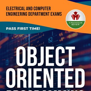 Może przedstawiać: Pomarańczowo-niebieska grafika promująca egzamin z elektrotechniki i informatyki. Tekst brzmi "OBJECT ORIENTED PROGRAMMING EXAM" dużymi białymi literami. Obraz zawiera również tekst "PASS FIRST TIME!" i "Lauren Hayes, PhD."